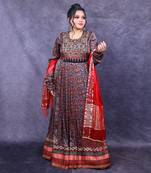 Blue & red ajrakh printed modal silk anarkali set
