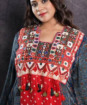 Blue & red bandhani silk ajrakh printed tunic 3