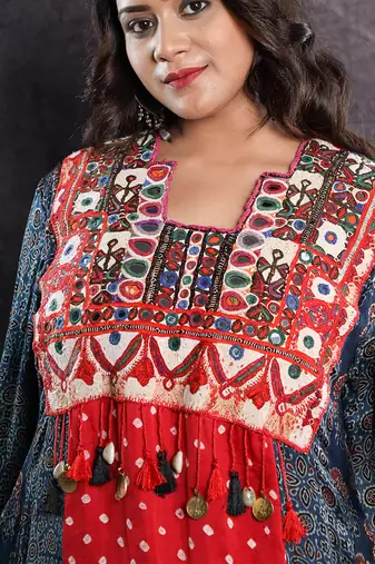 Blue & red bandhani silk ajrakh printed tunic