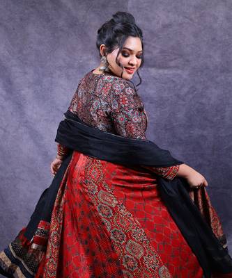 Blue & red ajrakh printed modal silk anarkali set 2