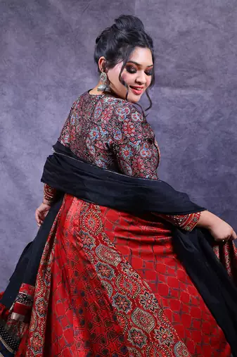 Blue & red ajrakh printed modal silk anarkali set