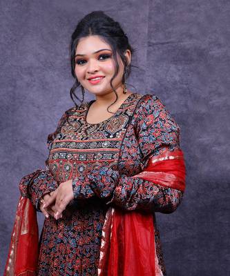Blue & red ajrakh printed modal silk anarkali set 3