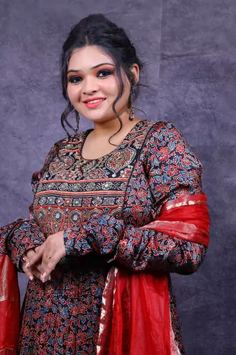 Blue & red ajrakh printed modal silk anarkali set