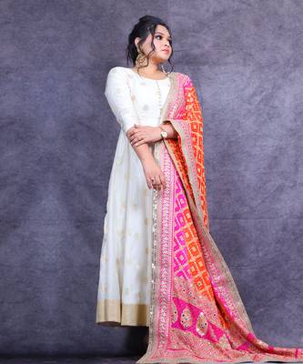 Ivory banarasi anarkali set with ombre bandhani dupatta 2
