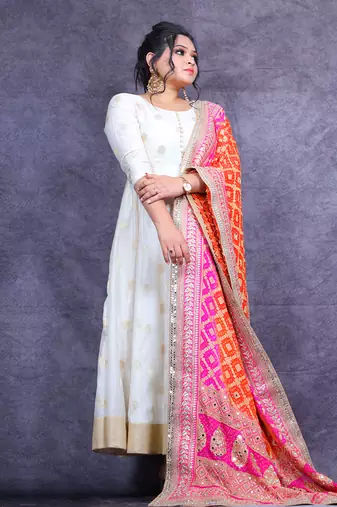 Ivory banarasi anarkali set with ombre bandhani dupatta