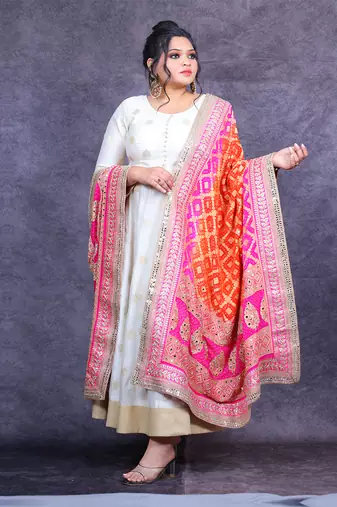 Ivory banarasi anarkali set with ombre bandhani dupatta