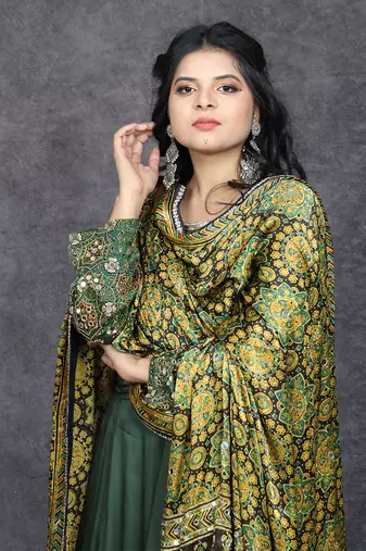Green modal satin embroidered anarkali