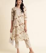 Fabclub cotton blend floral printed straight women kurta set (beige)