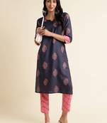 Fabclub rayon foil boota printed straight women kurta set (navy blue)