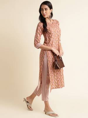 Fabclub rayon gold foil printed straight women designer kurta set (peach) 1