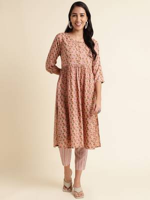 Fabclub rayon gold foil printed flared women designer kurta set (peach) 1