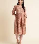 Fabclub rayon gold foil printed flared women designer kurta set (peach)