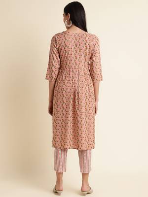 Fabclub rayon gold foil printed flared women designer kurta set (peach) 2