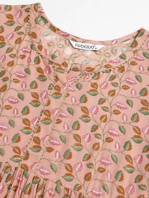 Fabclub rayon gold foil printed flared women designer kurta set (peach) 5