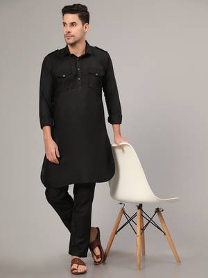Black slub cotton polyester plain kurta with pajama 1