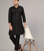 Black slub cotton polyester plain kurta with pajama