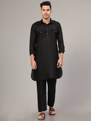 Black slub cotton polyester plain kurta with pajama 2
