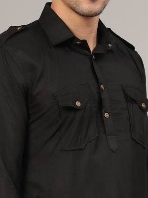 Black slub cotton polyester plain kurta with pajama 4