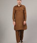 Coffee slub cotton polyester plain kurta with pajama