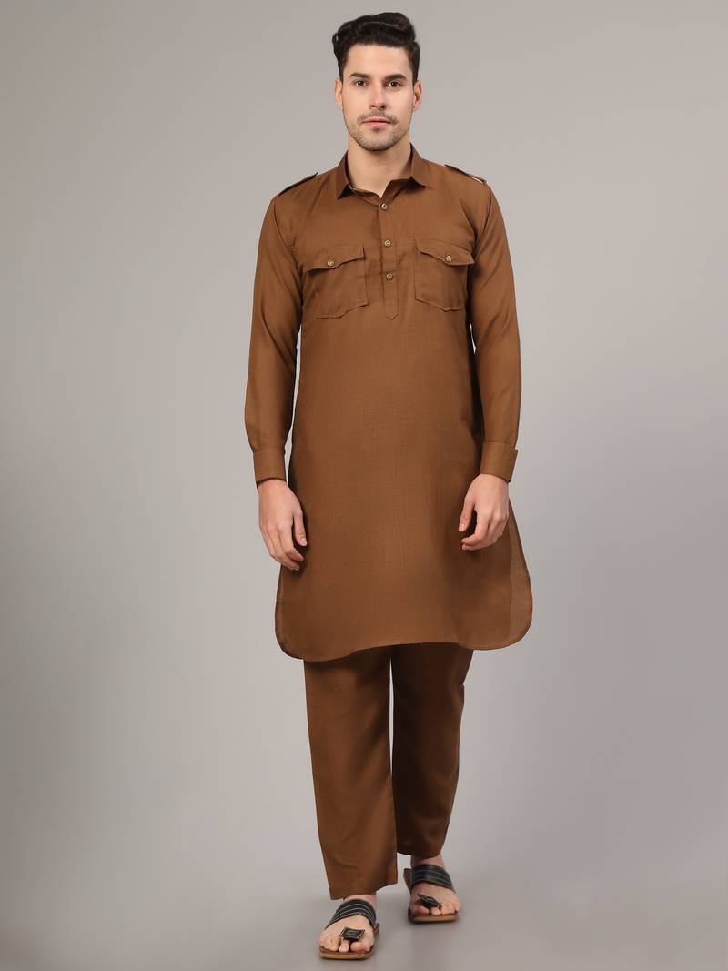Coffee slub cotton polyester plain kurta with pajama