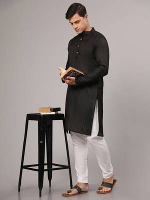 Black slub cotton polyester zari lining kurta with pajama 1