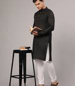 Black slub cotton polyester zari lining kurta with pajama