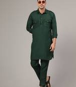 Green slub cotton polyester plain kurta with pajama
