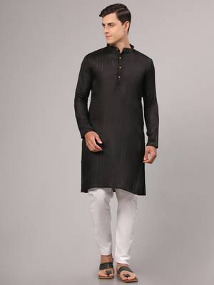 Black slub cotton polyester zari lining kurta with pajama 2