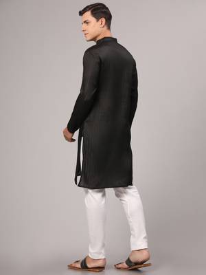 Black slub cotton polyester zari lining kurta with pajama 3