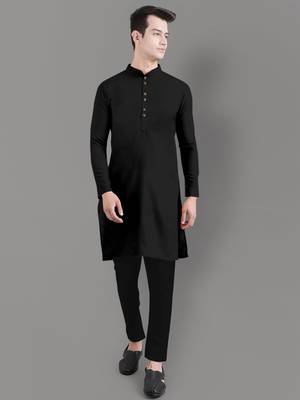 Black slub cotton polyester plain kurta with pajama 1