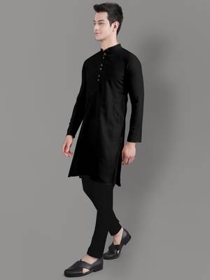 Black slub cotton polyester plain kurta with pajama 2