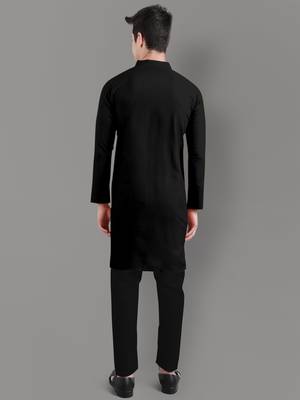 Black slub cotton polyester plain kurta with pajama 3