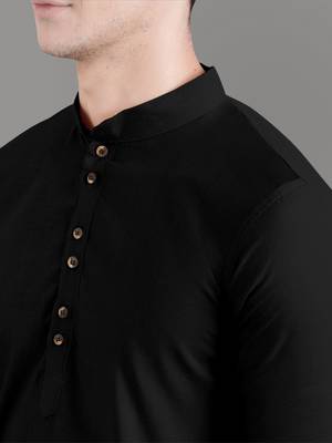 Black slub cotton polyester plain kurta with pajama 4