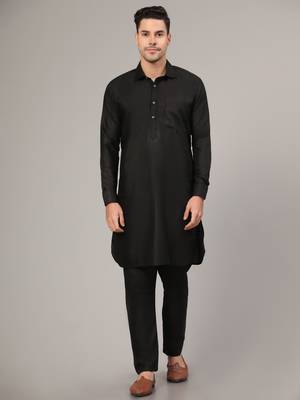 Black slub cotton polyester plain kurta with pajama 1