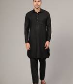 Black slub cotton polyester plain kurta with pajama