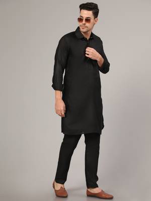 Black slub cotton polyester plain kurta with pajama 2