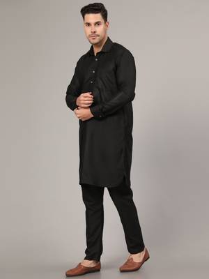 Black slub cotton polyester plain kurta with pajama 3