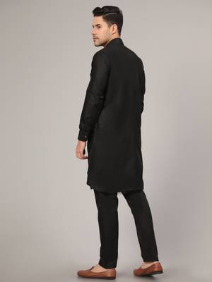 Black slub cotton polyester plain kurta with pajama 4