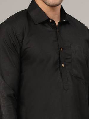 Black slub cotton polyester plain kurta with pajama 5