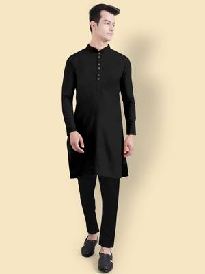 Black slub cotton polyester plain kurta with pajama 1