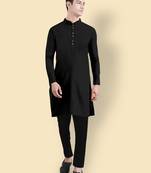 Black slub cotton polyester plain kurta with pajama