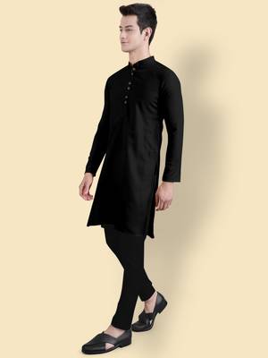 Black slub cotton polyester plain kurta with pajama 2