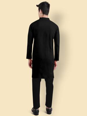 Black slub cotton polyester plain kurta with pajama 3