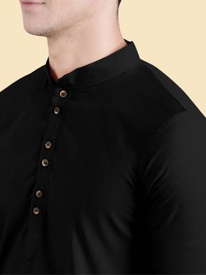 Black slub cotton polyester plain kurta with pajama 4