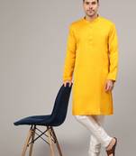 Yellow art silk plain kurta with pajama