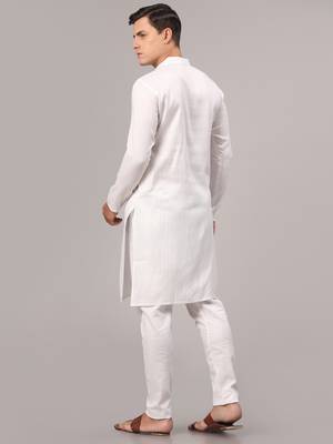 White slub cotton polyester zari lining kurta with pajama 3