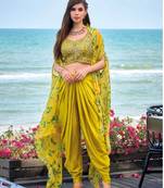 Lemon green indowestern crop top, dhoti & shrug stitched silk blend suit