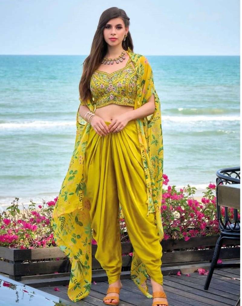 Lemon green indowestern crop top, dhoti shrug stitched silk