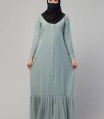 Front Open Abaya In Kashibo Fabric With Frilled Hem and Wooden Buttons