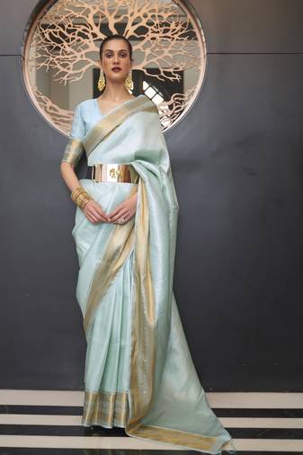 Sky Blue Handloom Silk Woven Work Saree With Blouse